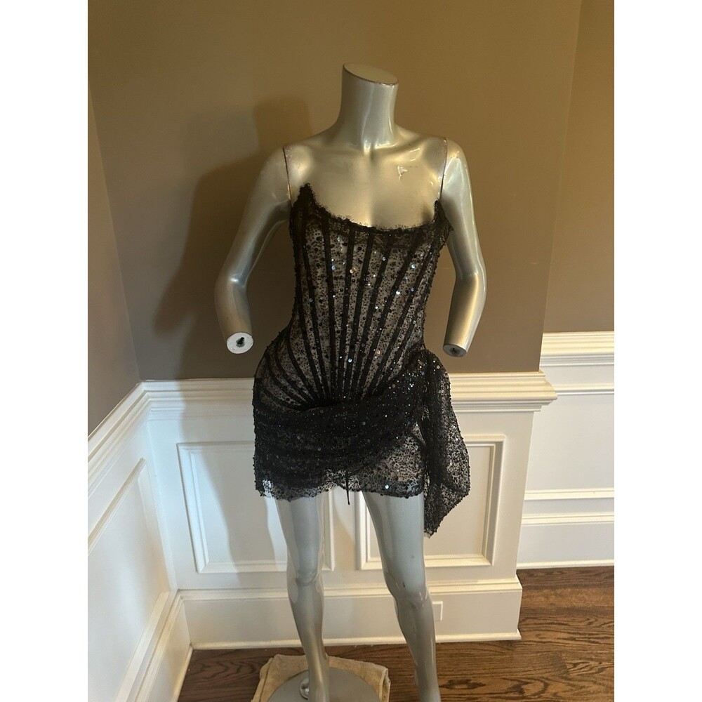 Heiress Beverly Hill Draped Corset Lace Sequin Black Mini Dress Sz M